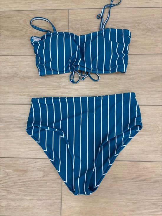 SHEIN Other - SHEIN Teal Blue White Striped Bikini Set Lace Up Adjustable Straps Polyester M